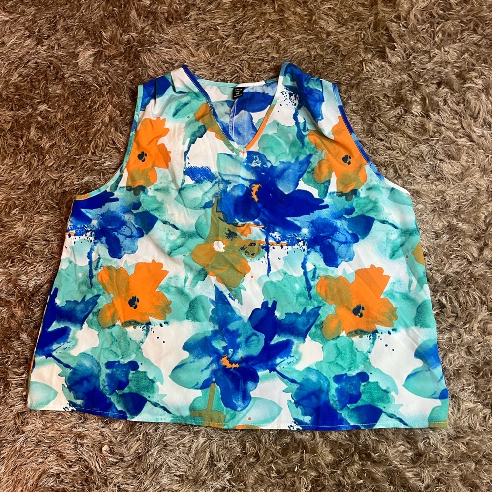 Shein Curve 3XL Blue Orange Floral Sleeveless Blouse Office Work Teacher Top